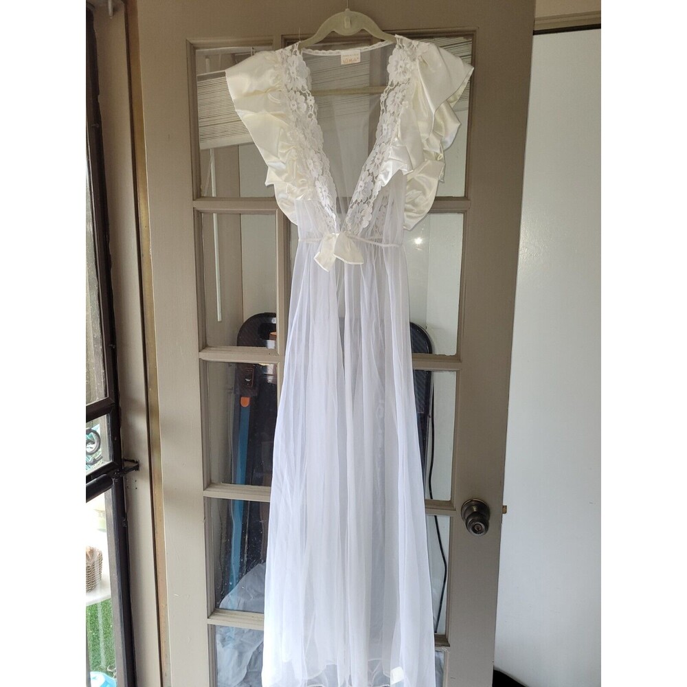 💥 Val Mode Nightgown Vintage White Embroidered Lace Sheer Bridal Bride D2